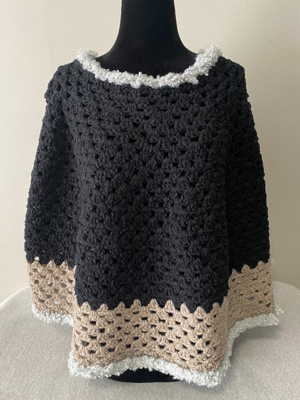 Handmade Crochet Black Tan Grey Wool Cotton Poncho